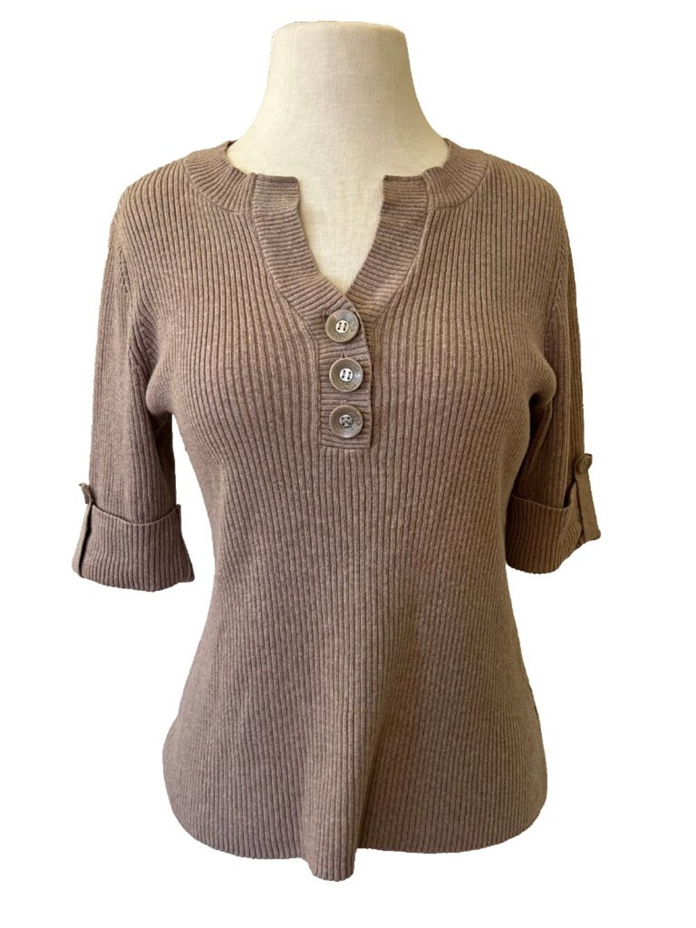 Vintage Y2k Axcess Cotton Short Sleeve Tab Cuff Taupe Ribbed Knit Sweater M Top